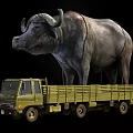 Giant Reptile Standing On Green Cargo Truck For Wildlife Transport Scenario