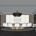 Modern Private Dining Room With Round Table Gray Chairs Chandelier And Wooden Cabinets 3d model