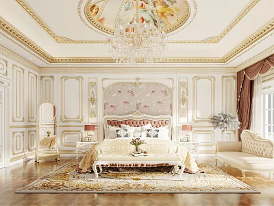 Luxurious Bedroom With Ornate Ceiling Mural Crystal Chandelier Upholstered Headboard Wainscoting And Large Area Rug 3d model