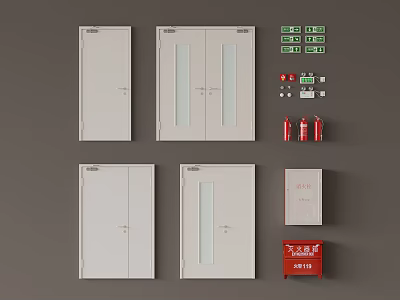 White Fire Doors And Red Fire Extinguishers Safety Equipment Set 3d model