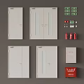 White Fire Doors And Red Fire Extinguishers Safety Equipment Set
