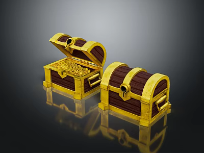 Treasure Chests Open With Gold Coins And Closed Wooden Design Metal Accents 3d model