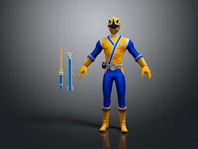 Blue And Yellow Costumed Character With Helmet Holding Two Blue Swords 3d model