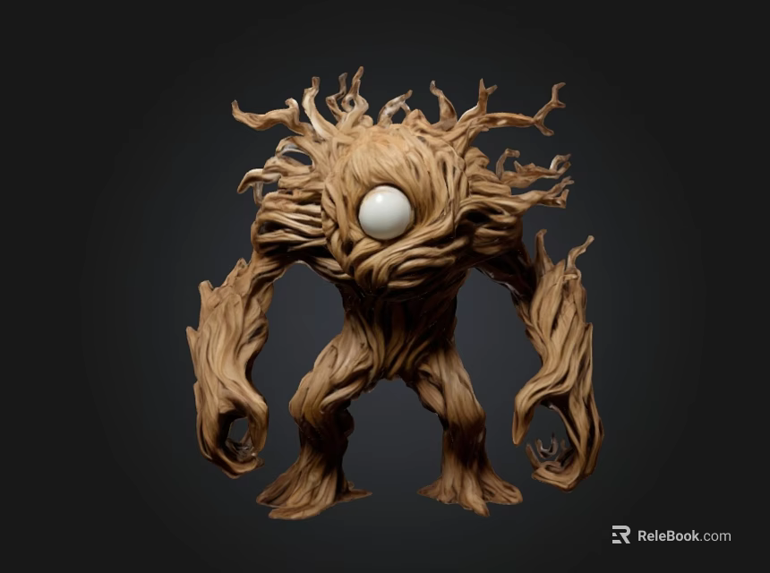 Wooden Creature Sculpture With Root Like Limbs And Central White Orb 3d model 