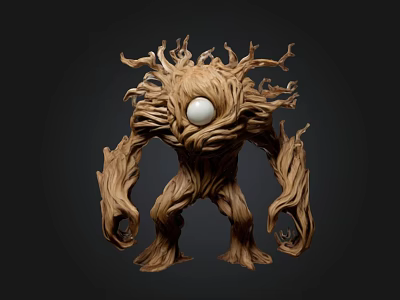 Wooden Creature Sculpture With Root Like Limbs And Central White Orb 3d model