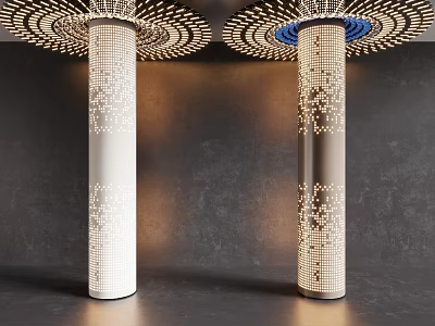 Decorative Columns With Perforated Patterns And Circular Top Designs On Dark Wall Background 3d model