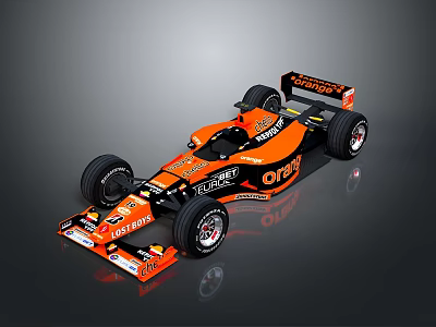 Orange and Black Formula One Racing Car with Aerodynamic Design Sponsor Logos and Large Wheels 3d model