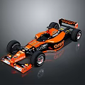 Orange and Black Formula One Racing Car with Aerodynamic Design Sponsor Logos and Large Wheels
