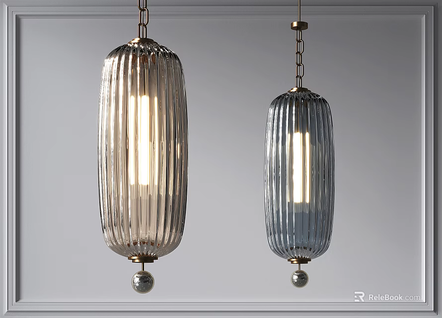 Modern Ribbed Glass Pendant Lights With Clear And Blue Shades Hanging From Chains 3d model 