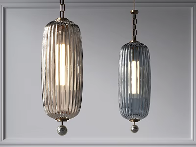 Modern Ribbed Glass Pendant Lights With Clear And Blue Shades Hanging From Chains 3d model