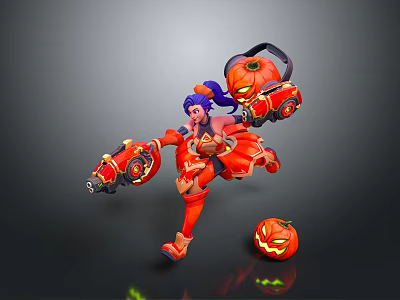 Halloween Themed 3D Game Character In Red Outfit With Purple Hair Pumpkin Weapons And Lanterns 3d model
