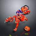 Halloween Themed 3D Game Character In Red Outfit With Purple Hair Pumpkin Weapons And Lanterns