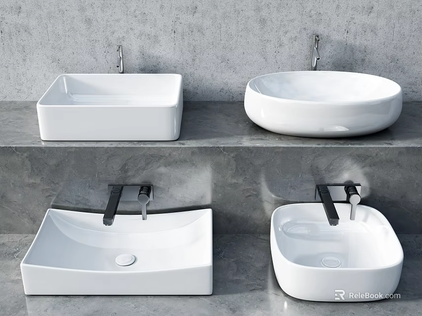 White Ceramic Washbasins In Square And Round Shapes With Modern Faucets On Grey Countertop 3d model 