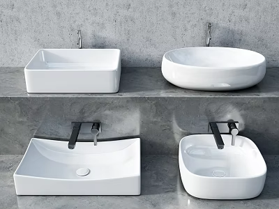 White Ceramic Washbasins In Square And Round Shapes With Modern Faucets On Grey Countertop 3d model