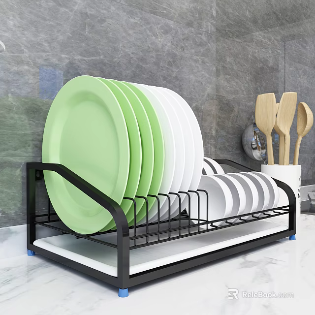 Kitchen Cabinets With Dish Rack Featuring Green White Plates And Wooden Spoons On Marble Countertop 3d model 