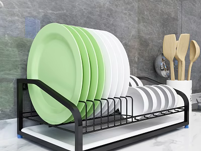 Kitchen Cabinets With Dish Rack Featuring Green White Plates And Wooden Spoons On Marble Countertop 3d model