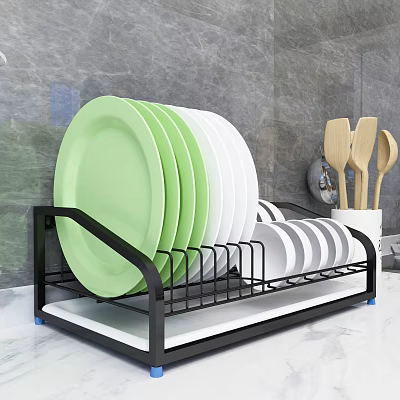 Kitchen Cabinets With Dish Rack Featuring Green White Plates And Wooden Spoons On Marble Countertop 3d model