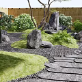 Japanese Courtyard Garden With Wooden Structures Stone Arrangement Pine Trees and Lanterns