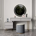 Light Grey Dressing Table With Round Illuminated Mirror Small Side Cabinet And Grey Round Stool 3d model