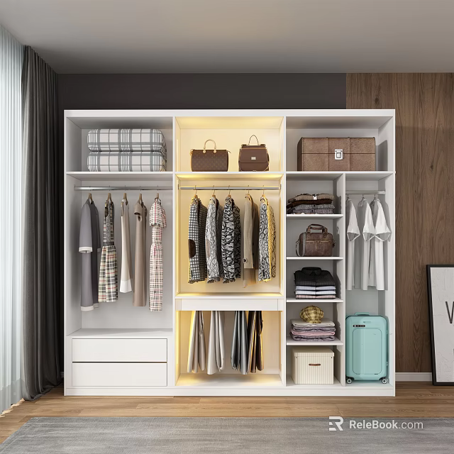 Modern White Wardrobe Interior With Hanging Folded Clothes Storage Boxes Handbags And Suitcase 3d model 