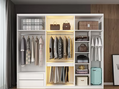 Modern White Wardrobe Interior With Hanging Folded Clothes Storage Boxes Handbags And Suitcase 3d model
