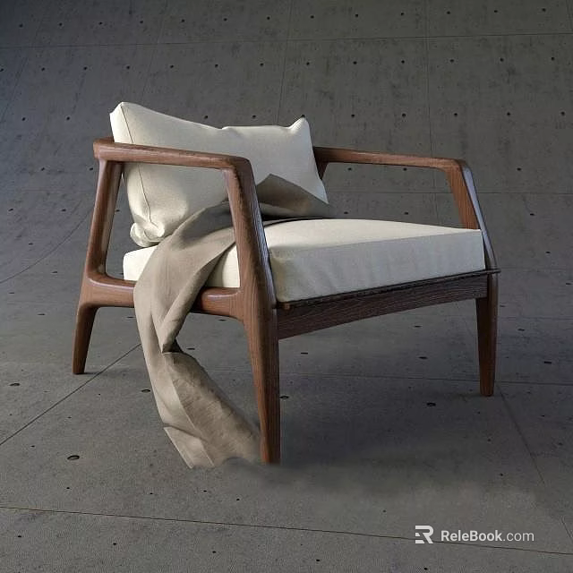 Modern Armchair With Wooden Armrests Light Colored Cushion And Throw Blanket On Gray Floor 3d model 