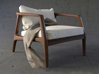 Modern Armchair With Wooden Armrests Light Colored Cushion And Throw Blanket On Gray Floor 3d model