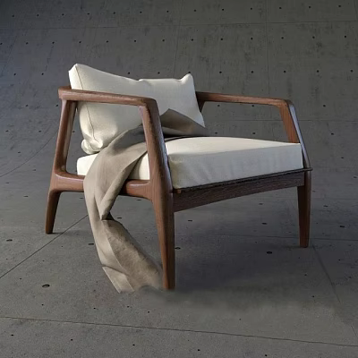 Modern Armchair With Wooden Armrests Light Colored Cushion And Throw Blanket On Gray Floor 3d model