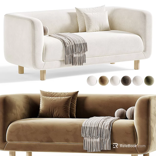 Cozy Two Seater Velvet Sofa With Throw Blanket Pillows And Neutral Color Options 3d model 