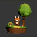 Low Poly Style Cartoon Fox Game Character with Green Tree Red Mushrooms on Small Island