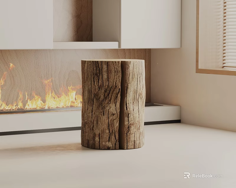Natural Wood Stump Side Table In Modern Living Room With Fireplace Flames 3d model 