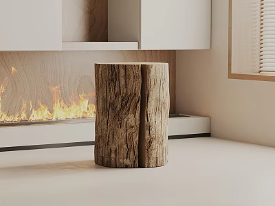Natural Wood Stump Side Table In Modern Living Room With Fireplace Flames 3d model