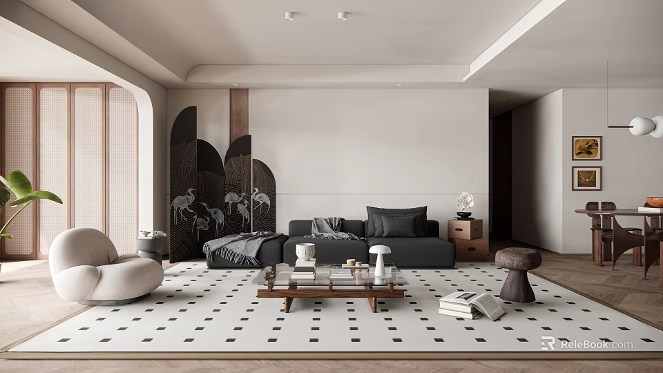 Elegant Modern Living Dining Room Interior With Sofa Coffee Table And Patterned Rug 3d model