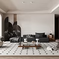 Elegant Modern Living Dining Room Interior With Sofa Coffee Table And Patterned Rug 3d model