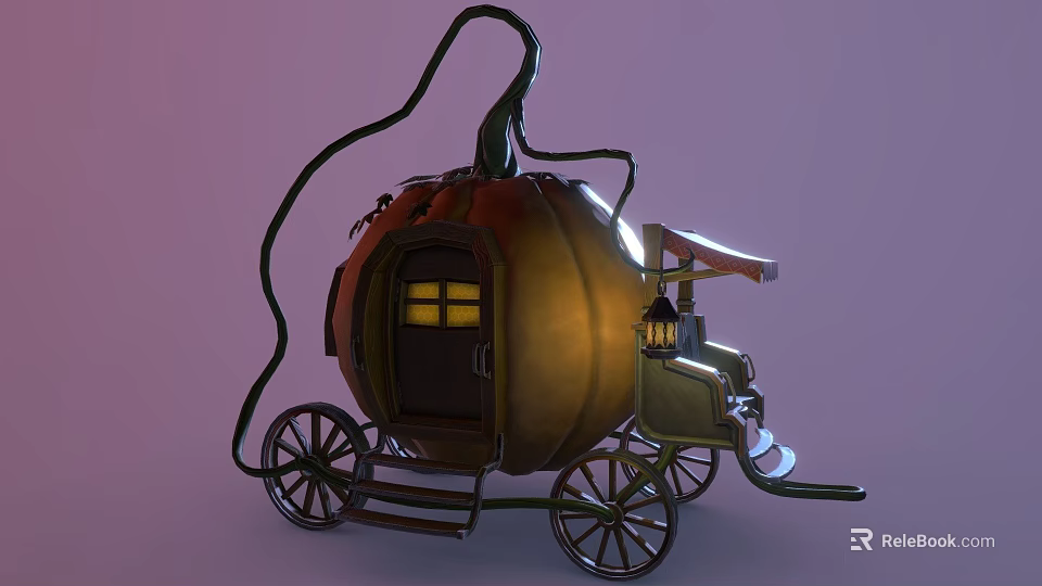 Creative Detailed Pumpkin Carriage Shaped Edible Food Art With Wheels Door Windows And Lantern 3d model 