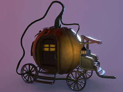Creative Detailed Pumpkin Carriage Shaped Edible Food Art With Wheels Door Windows And Lantern 3d model
