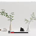 White Vases Holding Green Branches Alongside Books Elephant Figurine And Stone On Minimalist Gray Background