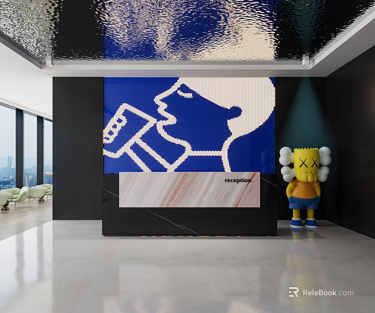 Modern Front Desk Reception Area With Art Wall Marble Countertop And Sculpture Decor 3d model 