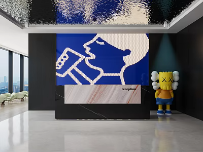 Modern Front Desk Reception Area With Art Wall Marble Countertop And Sculpture Decor 3d model