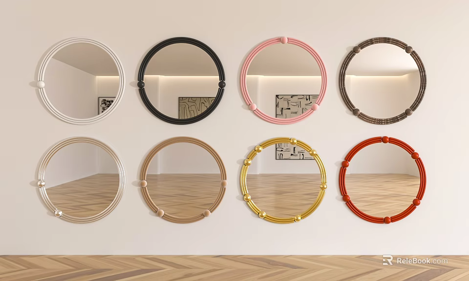 Round Mirrors With Various Colored Frames On Interior Wall And Herringbone Floor 3d model
