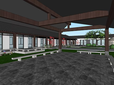 Traditional Garden Landscape With Wooden Roof Structure Stone Pavement Green Lawn And Benches 3d model