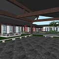 Traditional Garden Landscape With Wooden Roof Structure Stone Pavement Green Lawn And Benches