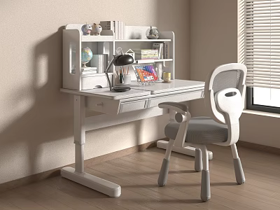 White Leisure Chair In Modern Study Room With Desk Bookshelf And Natural Light 3d model