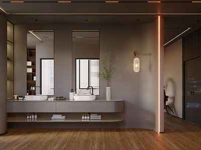 Modern Bedroom Interior Design With Wooden Floor Gray Walls Mirrors And Plant Decor 3d model