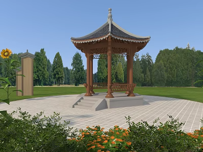 Chinese Style Wooden Pavilion With Traditional Roof In Garden Lawn Surrounded By Trees 3d model