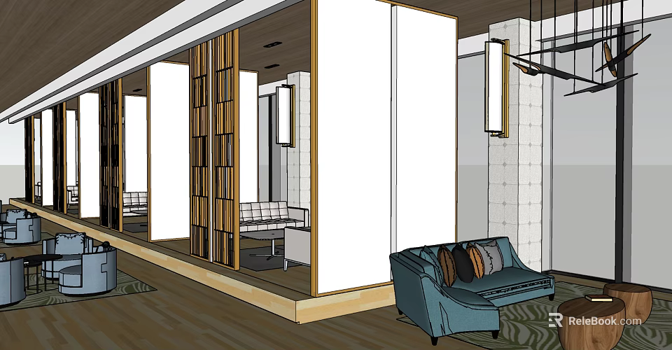 Modern Leisure Area Interior With Blue Sofa Wooden Partitions And Hanging Lights 3d model 