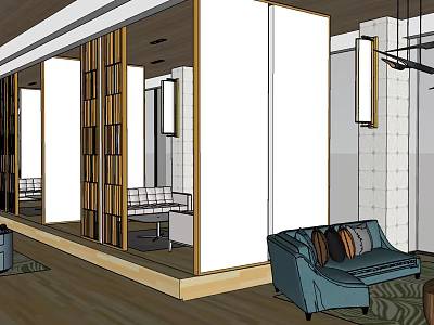 Modern Leisure Area Interior With Blue Sofa Wooden Partitions And Hanging Lights 3d model