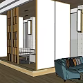 Modern Leisure Area Interior With Blue Sofa Wooden Partitions And Hanging Lights