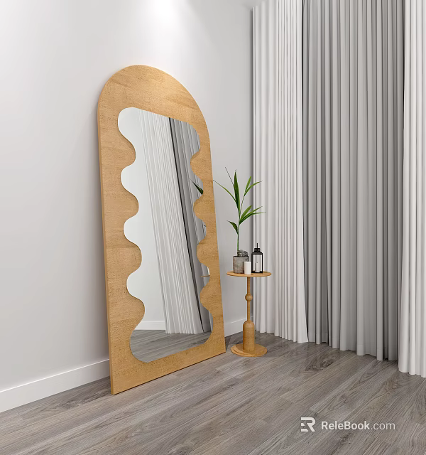 Wooden Frame Arch Mirror With Wavy Edge And Side Table Plant Bottles Curtains Wooden Floor 3d model 
