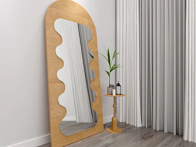 Wooden Frame Arch Mirror With Wavy Edge And Side Table Plant Bottles Curtains Wooden Floor 3d model